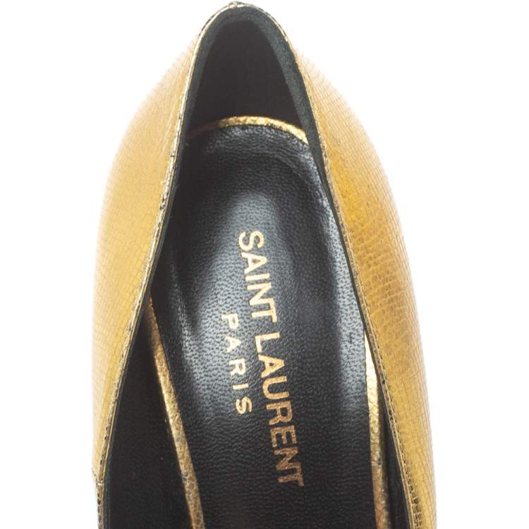 Pre Owned Saint Laurent Paris Metallic Gold Leather Janis Pointed Toe Platform Pumps Size 38