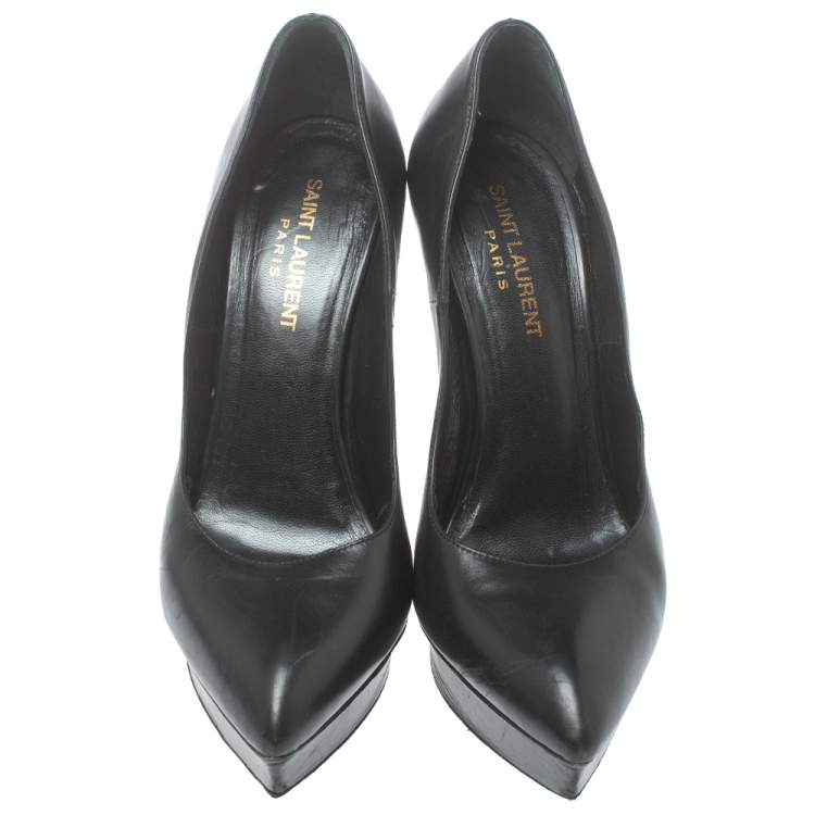 Pre Owned Saint Laurent Black Leather Janis Pointed Toe Platform Pumps Size 37.5