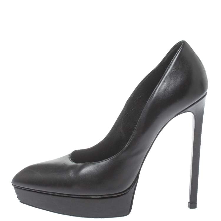 Pre Owned Saint Laurent Black Leather Janis Pointed Toe Platform Pumps Size 37.5