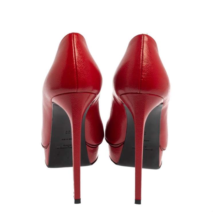Pre Owned Saint Laurent Red Leather Janis Pointed Toe Platform Pumps Size 39