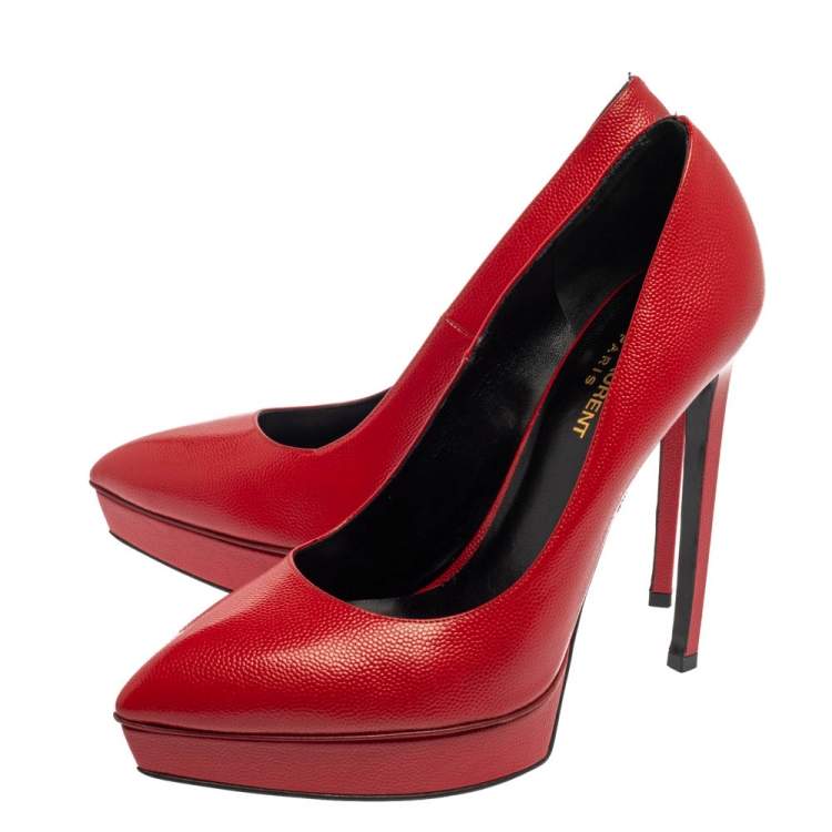 Pre Owned Saint Laurent Red Leather Janis Pointed Toe Platform Pumps Size 39