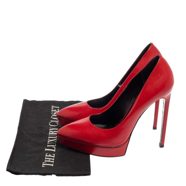Pre Owned Saint Laurent Red Leather Janis Pointed Toe Platform Pumps Size 39