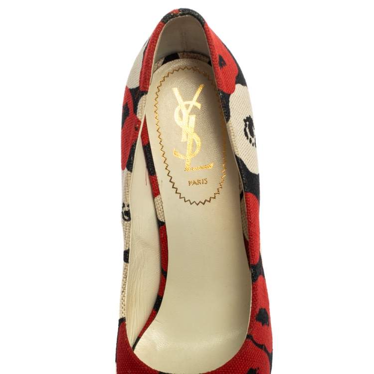 Pre Owned Saint Laurent Red And White Printed Canvas Wedge Platform Pumps Size 38