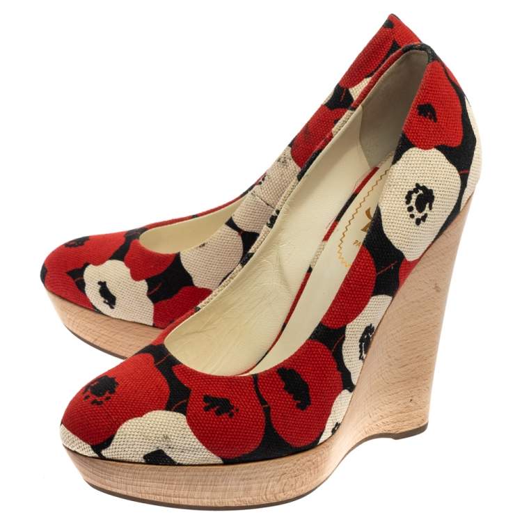 Pre Owned Saint Laurent Red And White Printed Canvas Wedge Platform Pumps Size 38