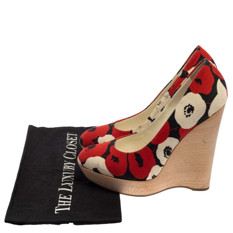 Pre Owned Saint Laurent Red And White Printed Canvas Wedge Platform Pumps Size 38