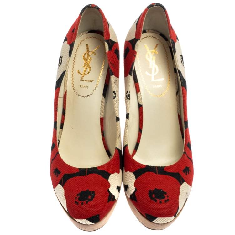 Pre Owned Saint Laurent Red And White Printed Canvas Wedge Platform Pumps Size 38