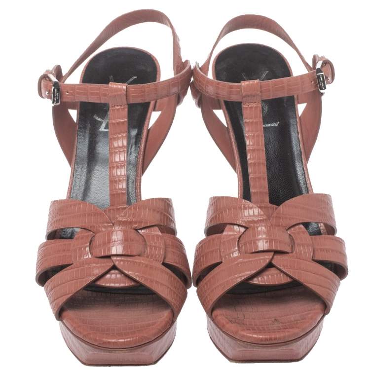 Pre Owned Saint Laurent Paris Rosewood Pink Lizard Embossed Leather Tribute Platform Sandals Size 37.5