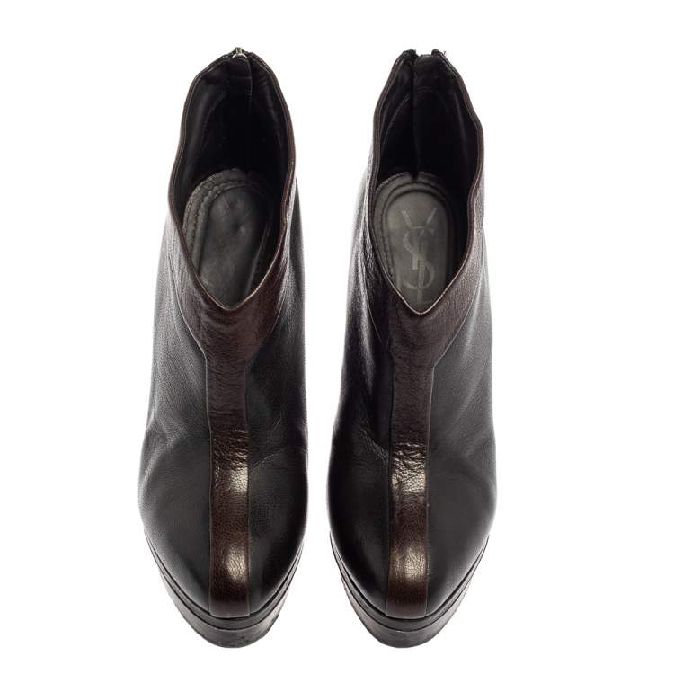 Pre Owned Saint Laurent Paris Brown/Black Leather Platform Ankle Boots Size 38.5