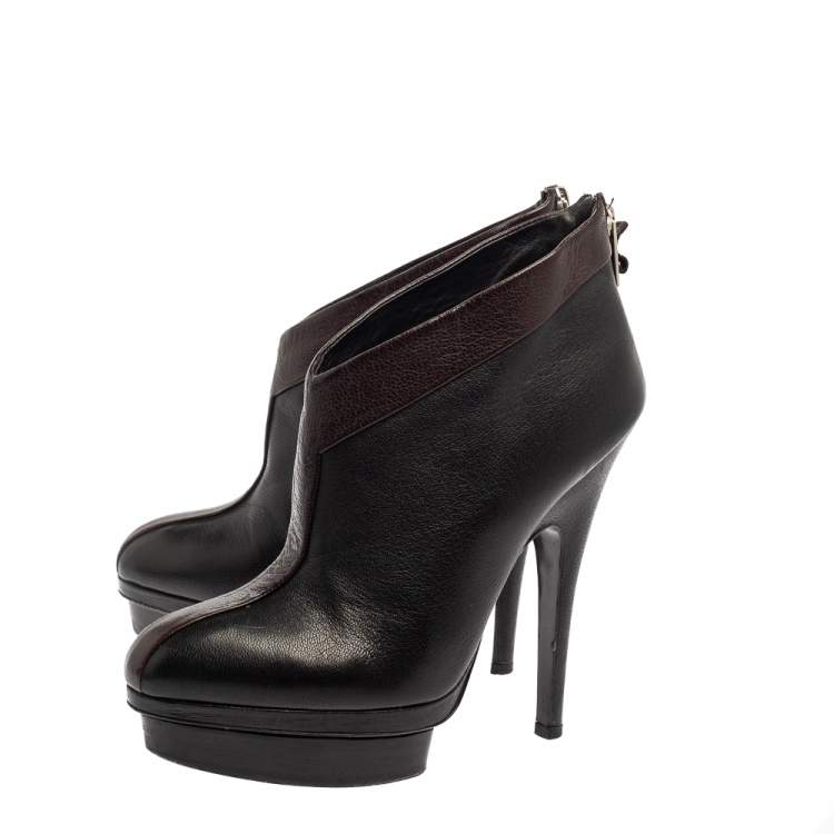 Pre Owned Saint Laurent Paris Brown/Black Leather Platform Ankle Boots Size 38.5