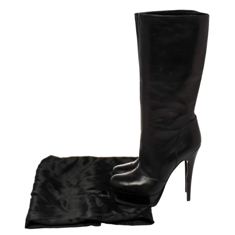 Pre Owned Saint Laurent Paris Black Leather Tribute Mid Calf Boots Size 39