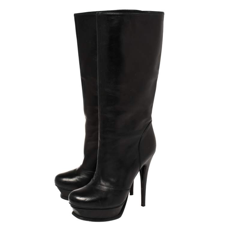 Pre Owned Saint Laurent Paris Black Leather Tribute Mid Calf Boots Size 39