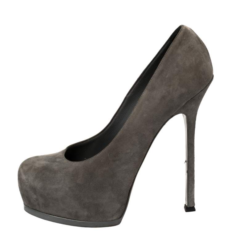 Pre Owned Saint Laurent Grey Suede Tribtoo Platform Pumps Size 41.5