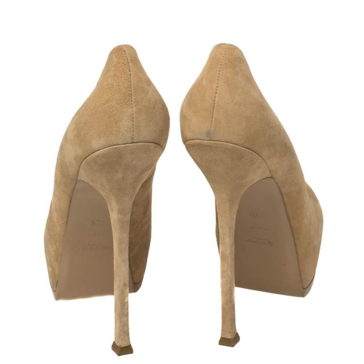 Pre Owned Saint Laurent Beige Suede Tribtoo Platform Pumps Size 41.5