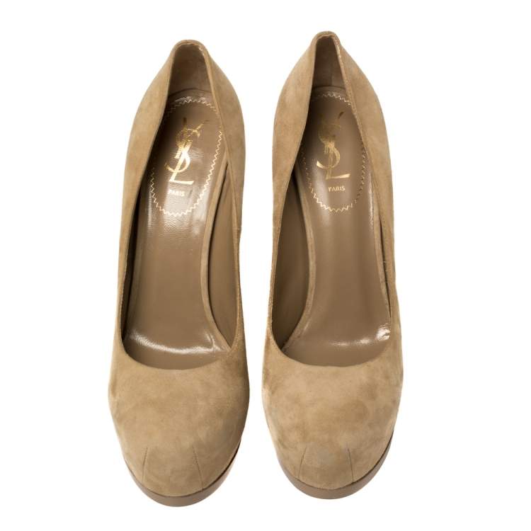 Pre Owned Saint Laurent Beige Suede Tribtoo Platform Pumps Size 41.5