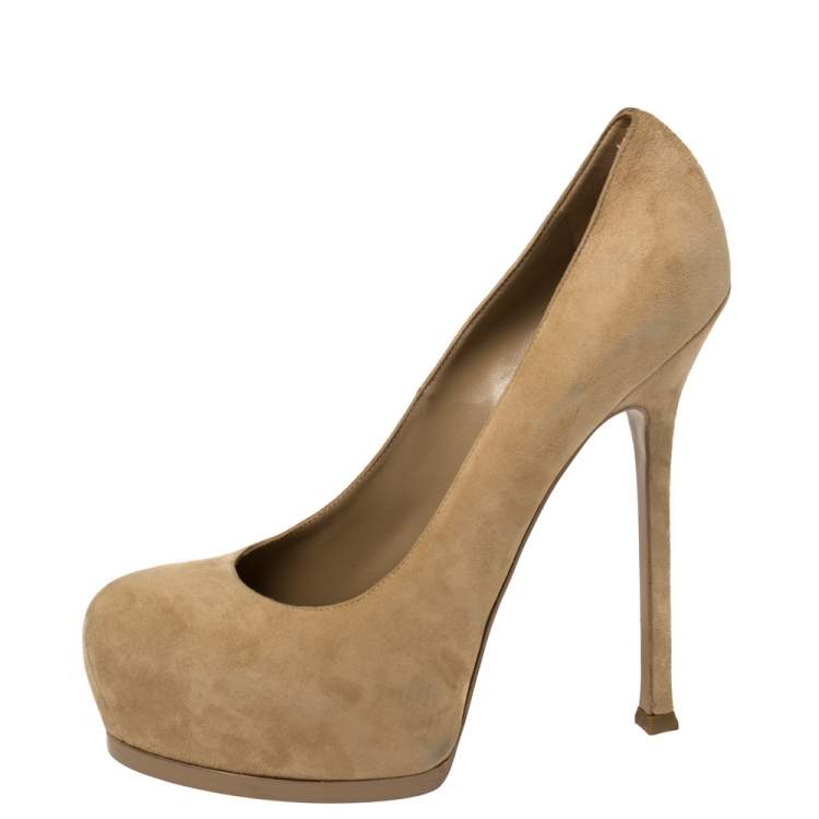 Pre Owned Saint Laurent Beige Suede Tribtoo Platform Pumps Size 41.5