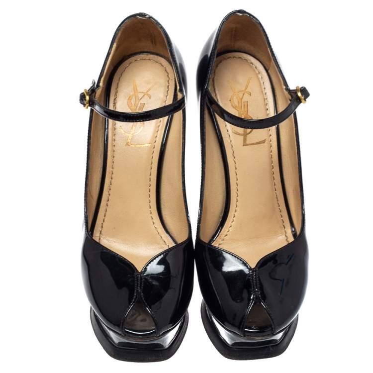 Pre Owned Saint Laurent Black Patent Leather Tribute Too Mary Jane Platform Pumps Size 36
