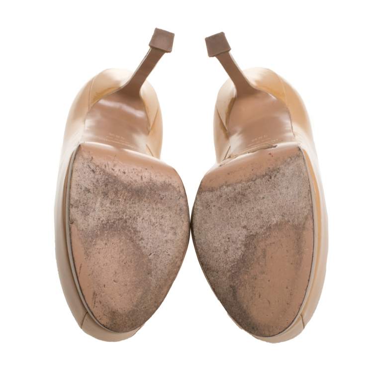Pre Owned Saint Laurent Beige Patent Leather Tribtoo Platform Pumps Size 36.5