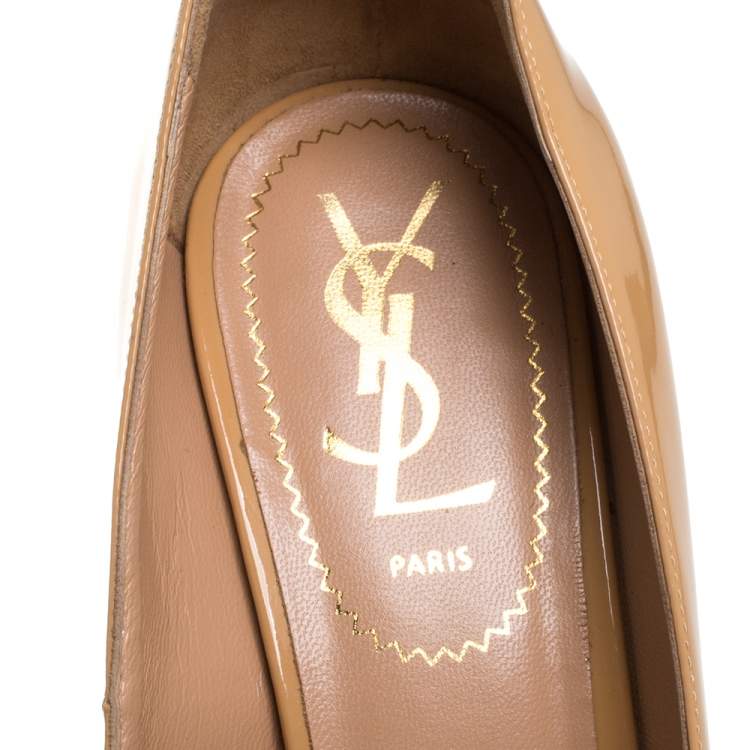 Pre Owned Saint Laurent Beige Patent Leather Tribtoo Platform Pumps Size 36.5