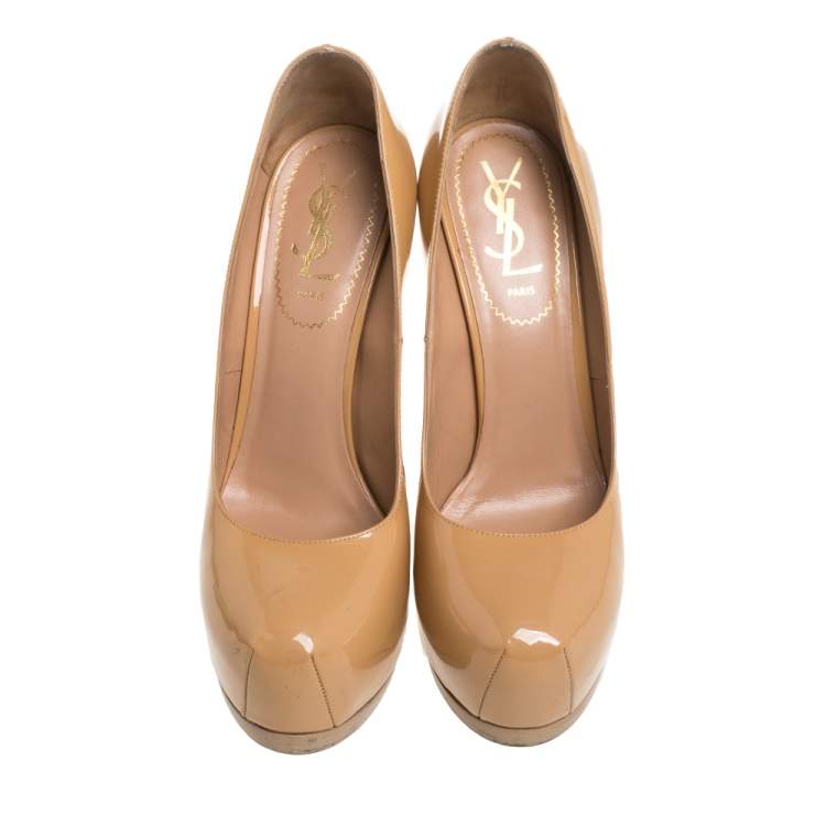 Pre Owned Saint Laurent Beige Patent Leather Tribtoo Platform Pumps Size 36.5