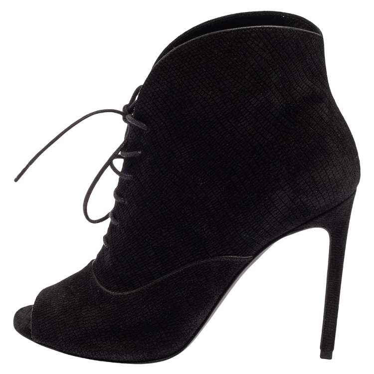 Pre Owned Saint Laurent Black Nubuck Lace Up Peep Toe Booties Size 35.5
