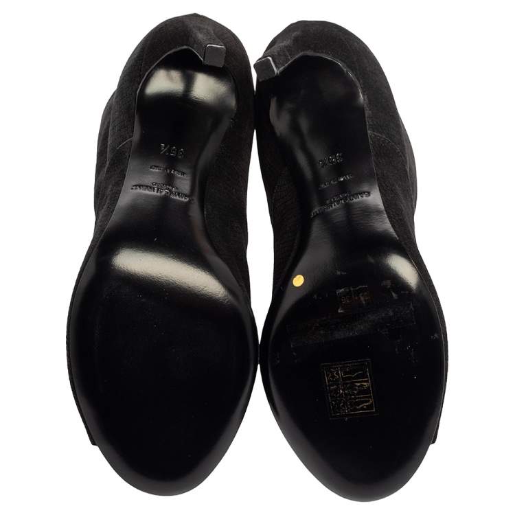 Pre Owned Saint Laurent Black Nubuck Lace Up Peep Toe Booties Size 35.5