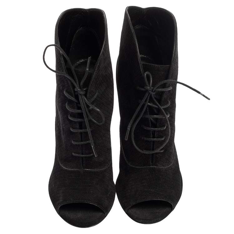 Pre Owned Saint Laurent Black Nubuck Lace Up Peep Toe Booties Size 35.5
