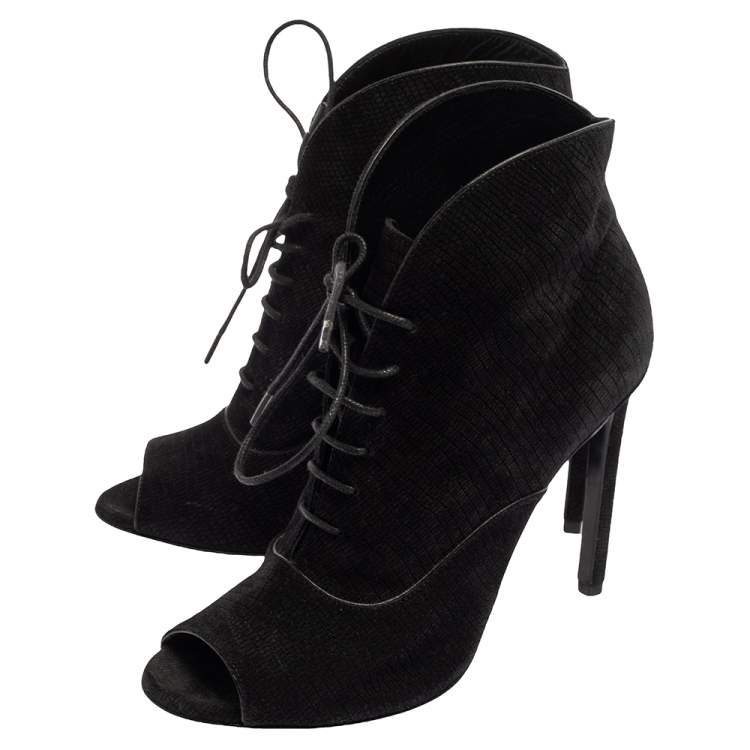 Pre Owned Saint Laurent Black Nubuck Lace Up Peep Toe Booties Size 35.5