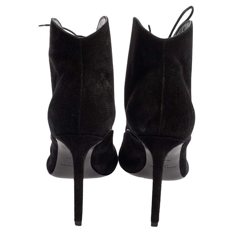 Pre Owned Saint Laurent Black Nubuck Lace Up Peep Toe Booties Size 35.5
