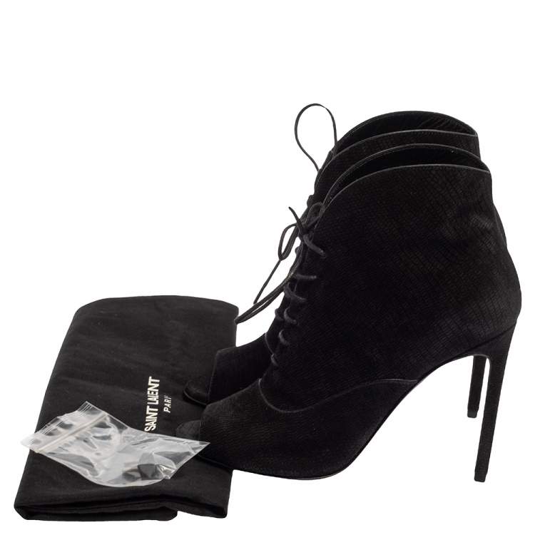 Pre Owned Saint Laurent Black Nubuck Lace Up Peep Toe Booties Size 35.5