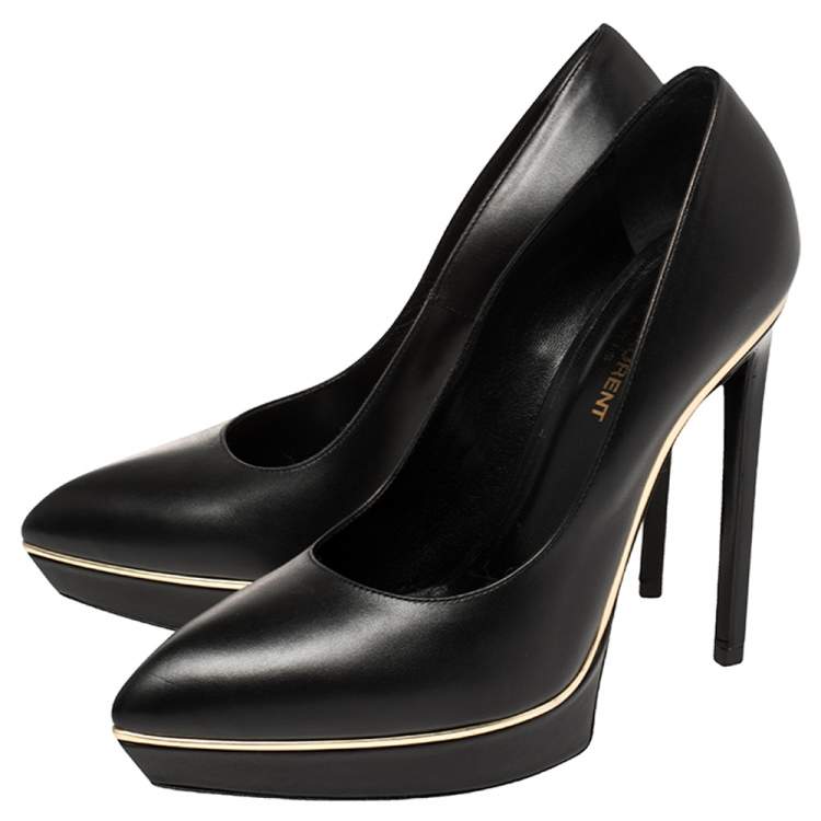 Pre Owned Saint Laurent Black Leather Janis Pointed Toe Platform Pumps Size 38.5