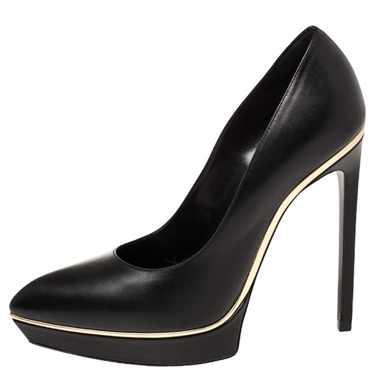 Pre Owned Saint Laurent Black Leather Janis Pointed Toe Platform Pumps Size 38.5