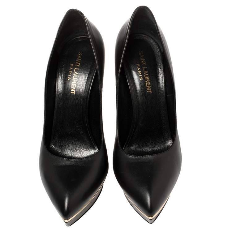 Pre Owned Saint Laurent Black Leather Janis Pointed Toe Platform Pumps Size 38.5