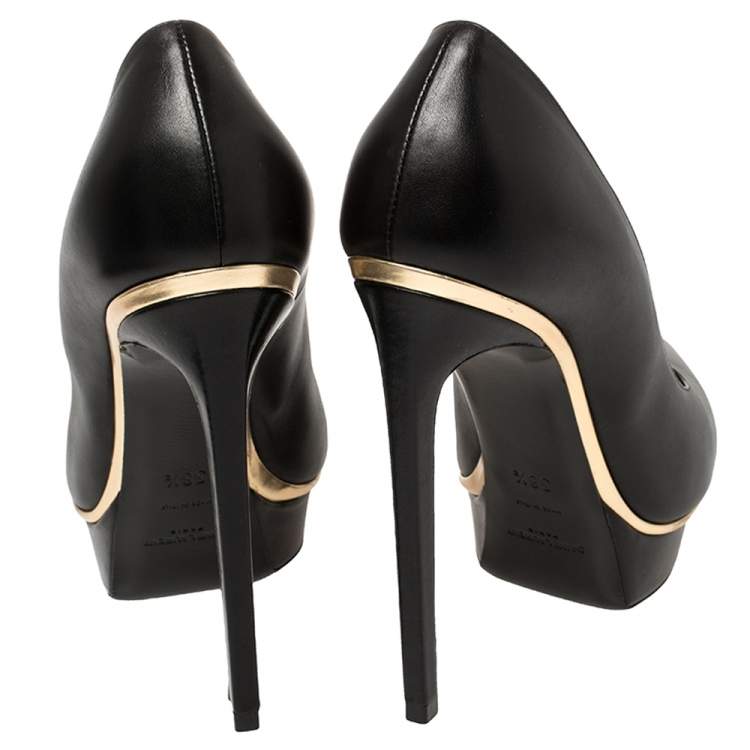 Pre Owned Saint Laurent Black Leather Janis Pointed Toe Platform Pumps Size 38.5