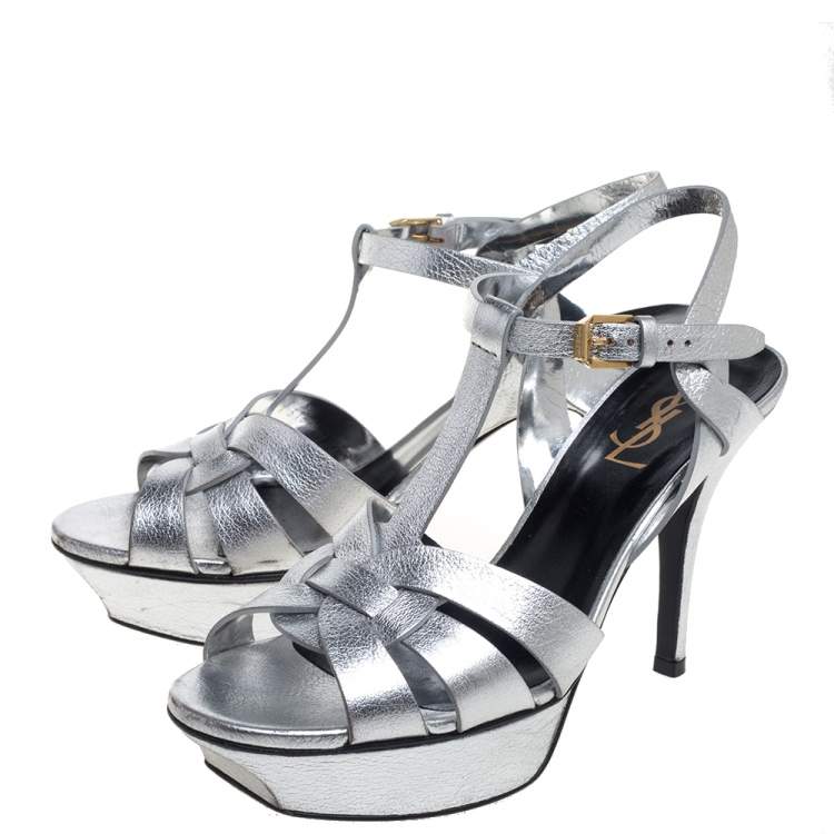 Pre Owned Saint Laurent Sliver Leather Tribute Sandals Size 37
