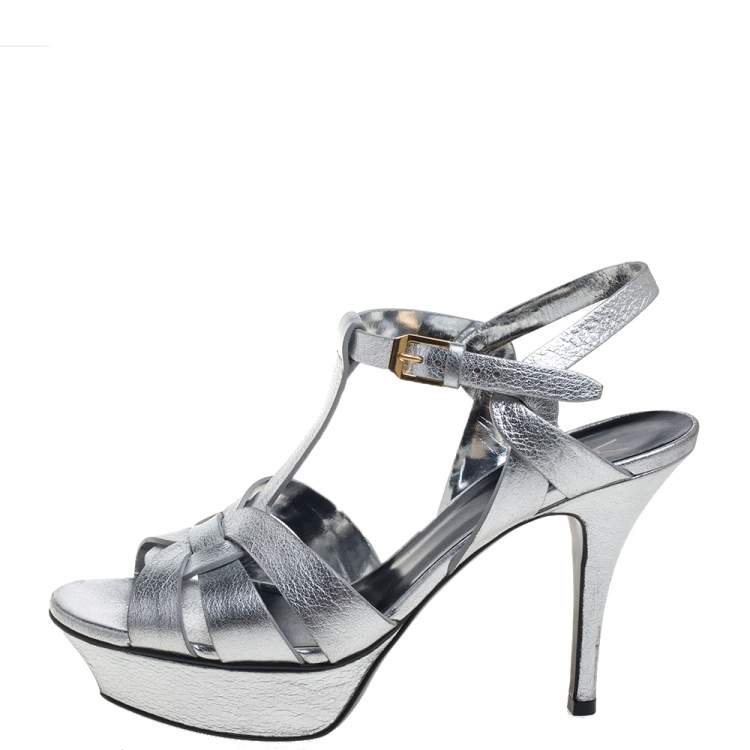 Pre Owned Saint Laurent Sliver Leather Tribute Sandals Size 37