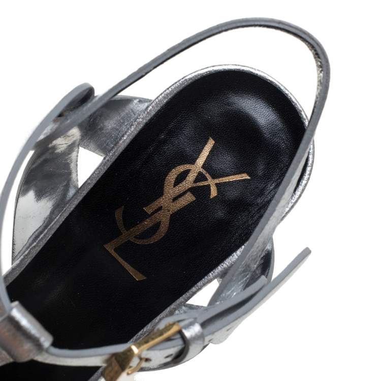 Pre Owned Saint Laurent Sliver Leather Tribute Sandals Size 37