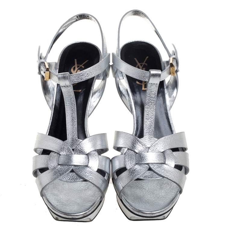 Pre Owned Saint Laurent Sliver Leather Tribute Sandals Size 37