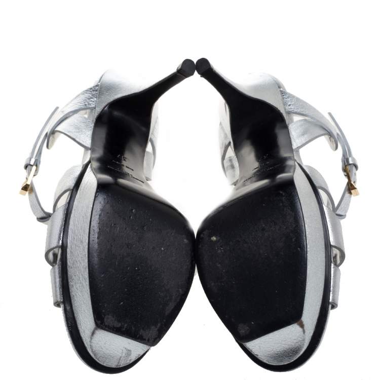 Pre Owned Saint Laurent Sliver Leather Tribute Sandals Size 37