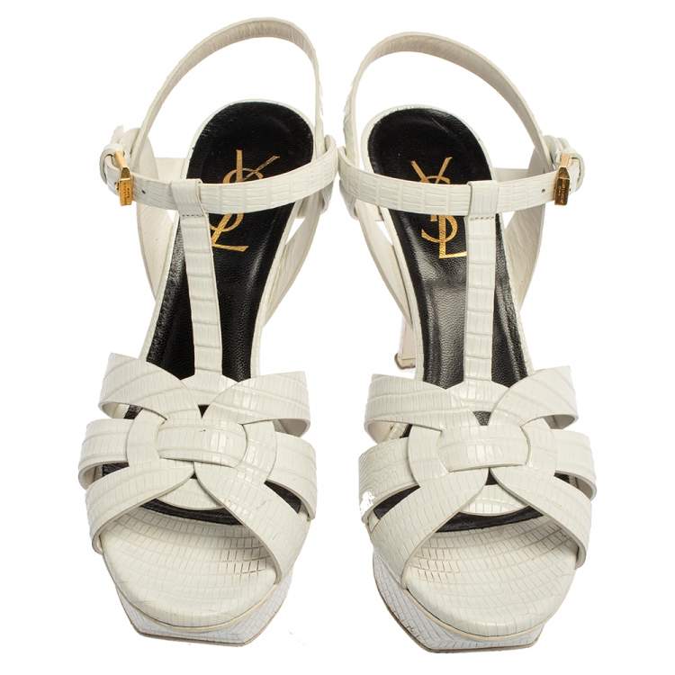 Pre Owned Saint Laurent White Python Embossed Leather Tribute Sandals Size 37