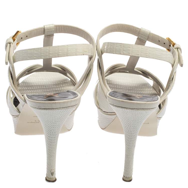 Pre Owned Saint Laurent White Python Embossed Leather Tribute Sandals Size 37