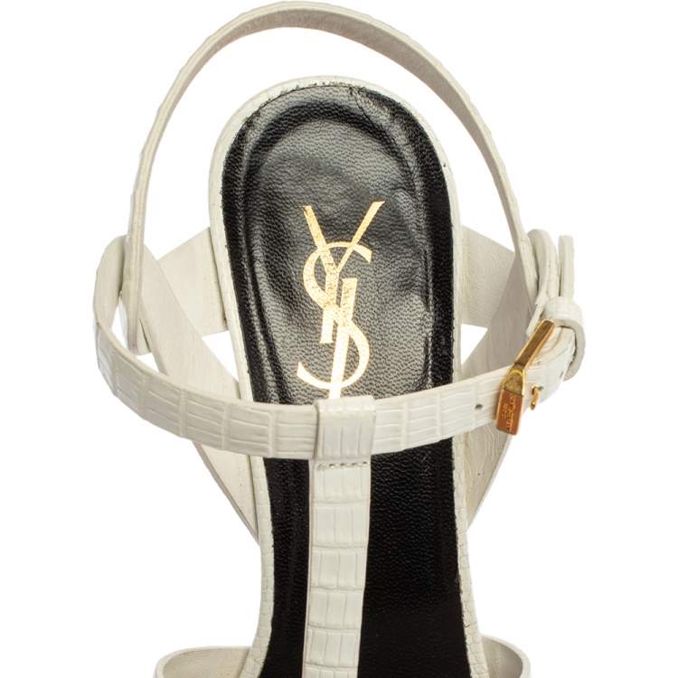 Pre Owned Saint Laurent White Python Embossed Leather Tribute Sandals Size 37