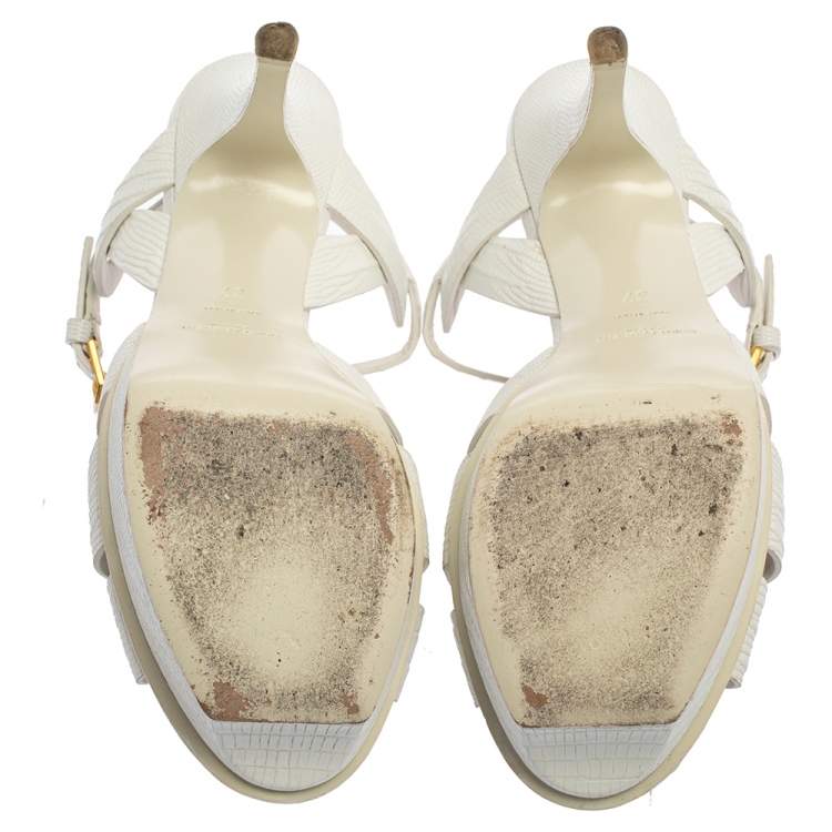 Pre Owned Saint Laurent White Python Embossed Leather Tribute Sandals Size 37