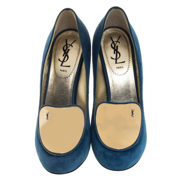 Pre Owned Saint Laurent Blue Suede Mirror Pumps Size 37.5