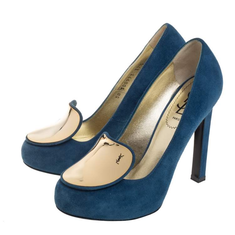 Pre Owned Saint Laurent Blue Suede Mirror Pumps Size 37.5