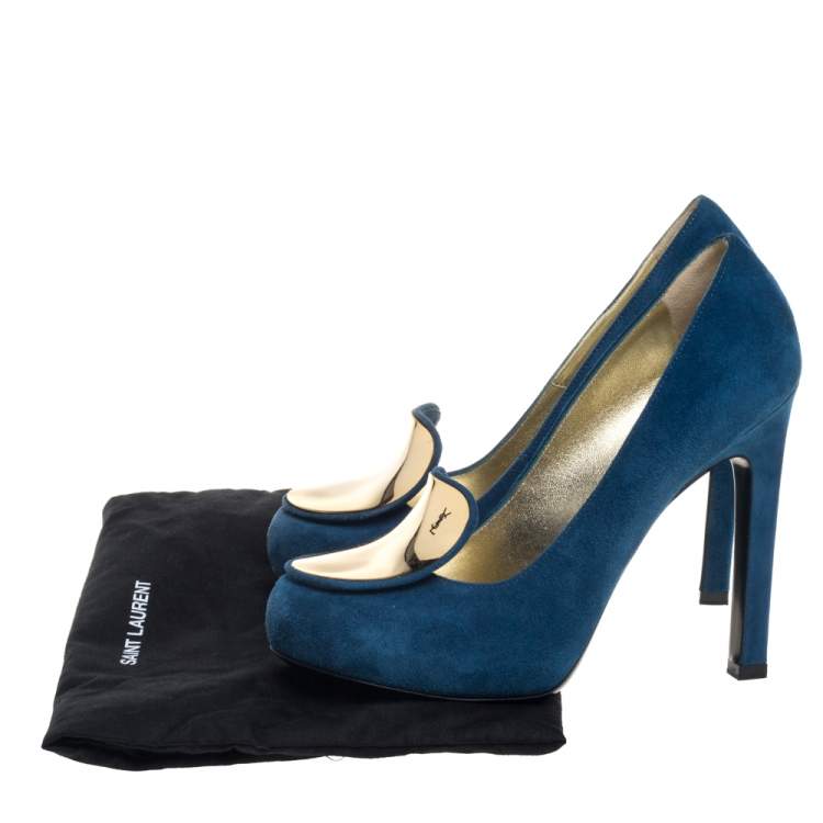 Pre Owned Saint Laurent Blue Suede Mirror Pumps Size 37.5
