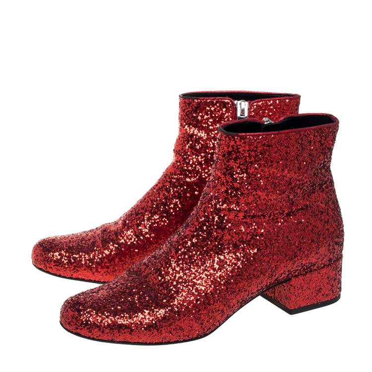 Pre Owned Saint Laurent Red Glitter Caleb Zippered Ankle Boots Size 37.5