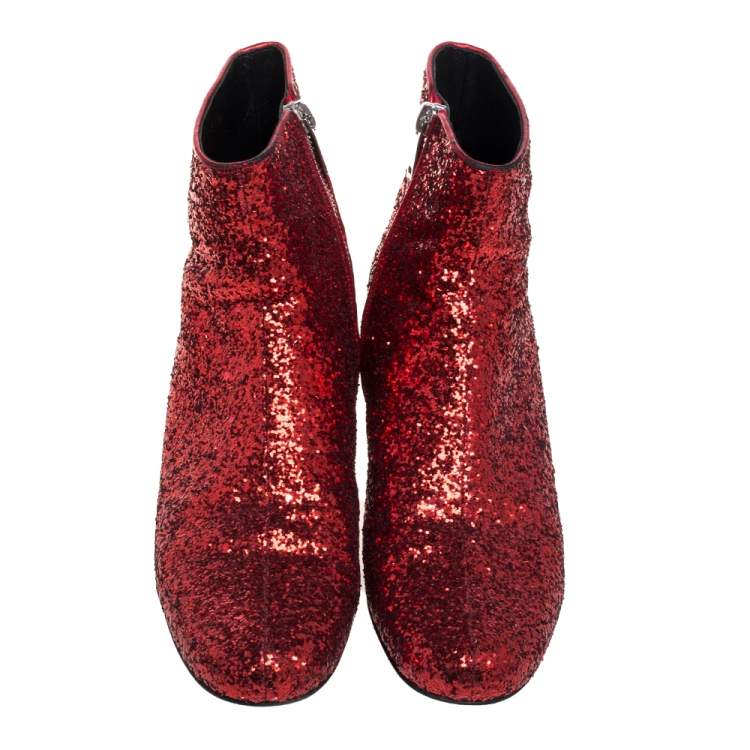 Pre Owned Saint Laurent Red Glitter Caleb Zippered Ankle Boots Size 37.5