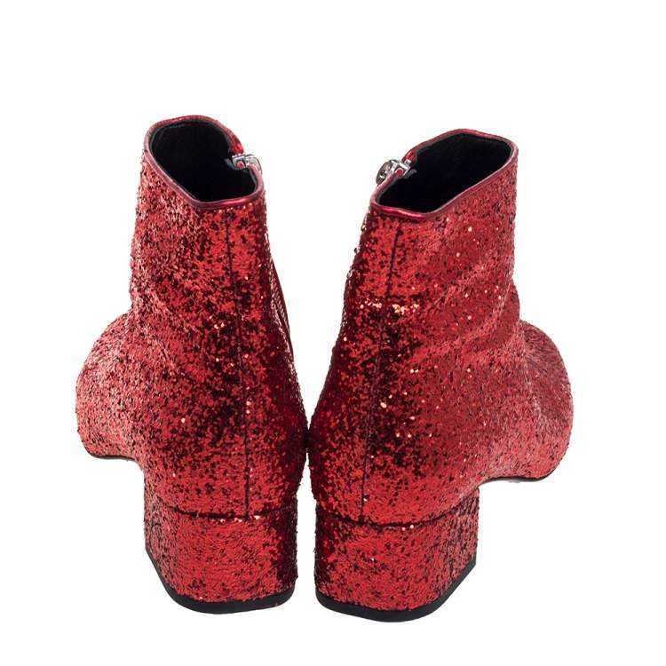Pre Owned Saint Laurent Red Glitter Caleb Zippered Ankle Boots Size 37.5