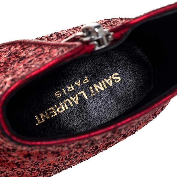 Pre Owned Saint Laurent Red Glitter Caleb Zippered Ankle Boots Size 37.5