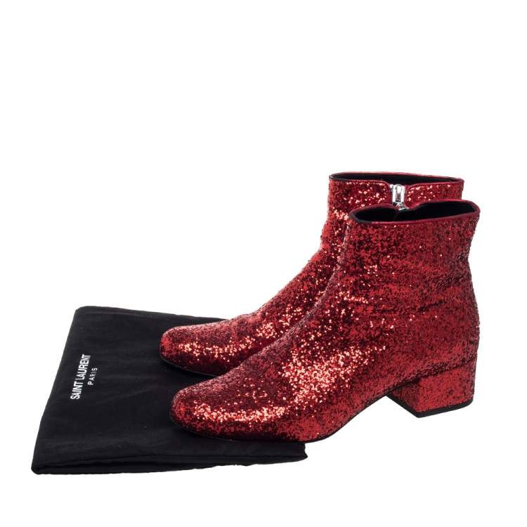 Pre Owned Saint Laurent Red Glitter Caleb Zippered Ankle Boots Size 37.5